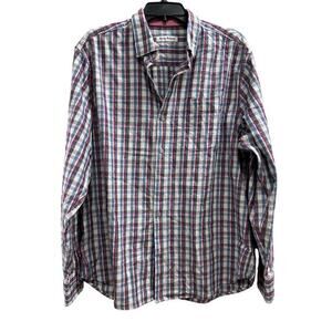 TOMMY BAHAMA Men’s Blue Pink plaid long sleeve button front shirt EUC sz L